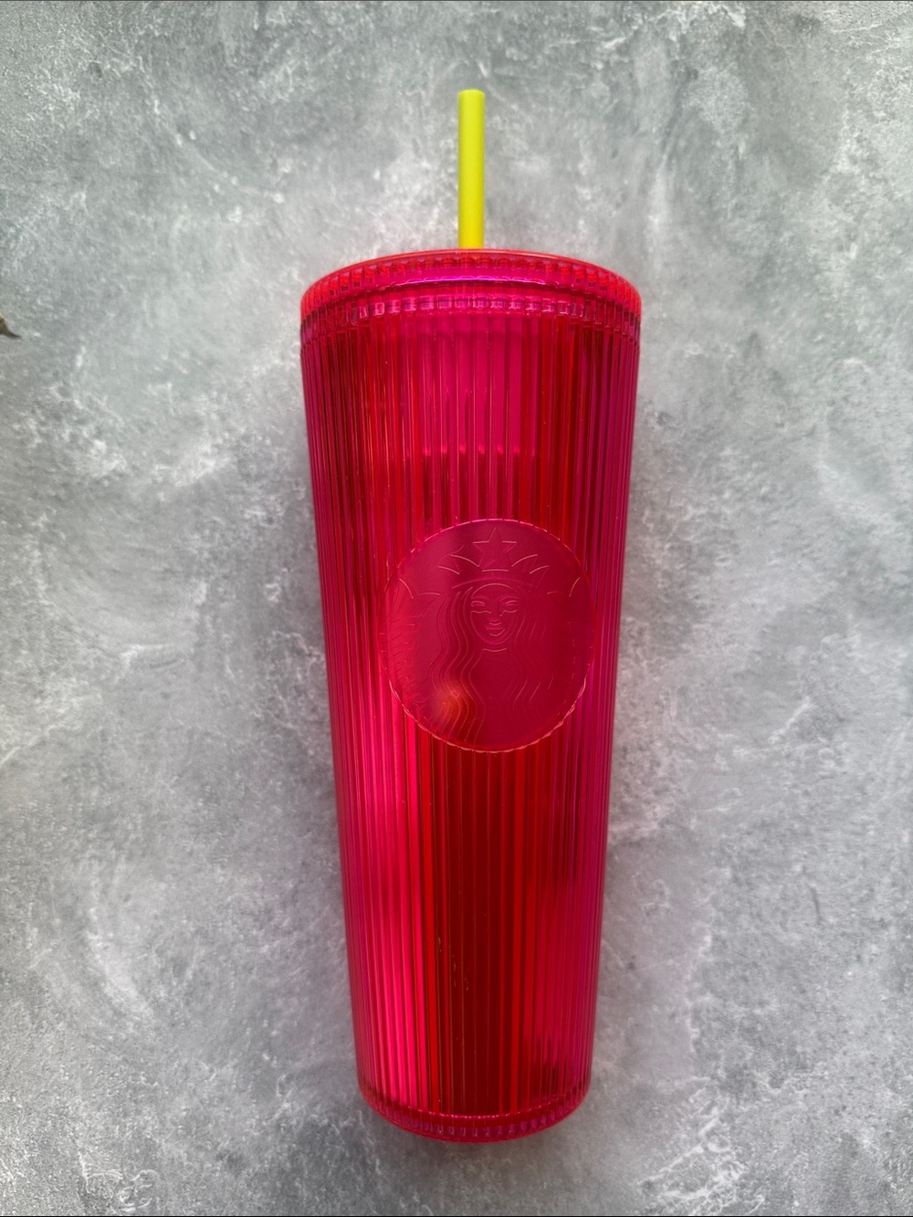 Starbucks Hot Pink Ribbed Tumbler with Yellow Straw